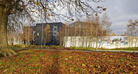 The Old Ground Hotel amidst autumn trees and fallen leaves, with a welcoming atmosphere.