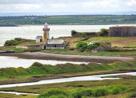 Scenic view of a coastal landscape with a lighthouse and lush greenery by a tranquil bay.